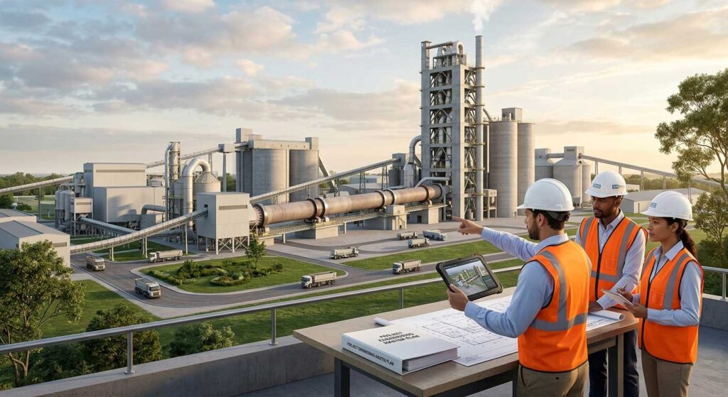 Three CEM Power engineers on a platform reviewing digital design models and blueprints overlooking a modern, high-efficiency cement manufacturing complex.