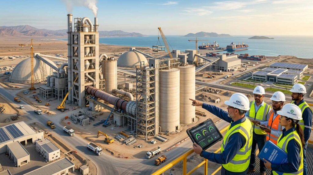 Diverse team of five EPC contractor engineers and project managers reviewing blueprints and digital data on an elevated platform overlooking a massive cement plant turnkey project site.