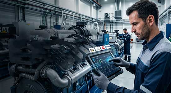 An expert engineer using a digital tablet for engine diagnostics on CAT and Wartsila machinery at a CEM Power facility.