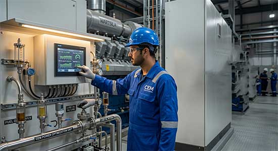 A CEM Power technician in a blue uniform and hard hat operating a digital control panel for fuel and lube oil optimization in a modern power plant.