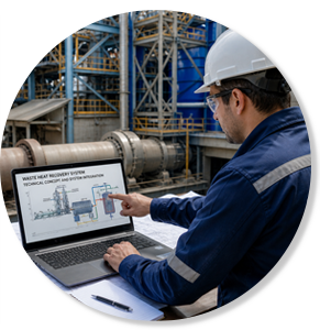 An engineer at a cement plant reviewing a technical diagram of a Waste Heat Recovery (WHR) system on a laptop for system integration.