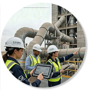 Engineers conducting a Waste Heat Recovery (WHR) potential assessment at a cement plant using digital diagnostic tools.